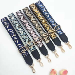 Ethnic style wide embroidered shoulder strap with geometric leaf pattern and gold buckles