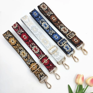 Ethnic Style Floral Embroidered Bag Strap Adjustable Wide Shoulder Strap Replacement For Crossbody Handbag With Metal Buckles
