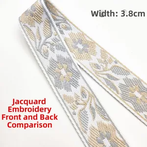 Detail view of 3.8cm jacquard floral embroidery strap showing front and back texture