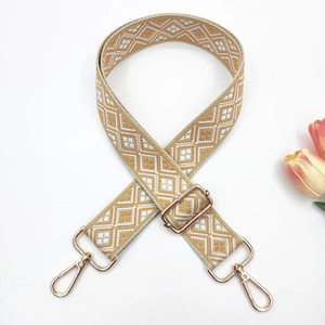 Detail of 3.8cm colorful geometric embroidered bag strap with gold metal hooks