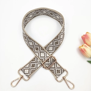 Detail of adjustable 3.8cm wide woven guitar strap with vintage geometric patterns