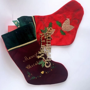 Christmas stockings set with red velvet, pinecone embroidery and Merry Christmas text