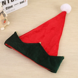 Bonnet de lutin de Noël festif en velours rouge et vert avec grelots dorés et pompon blanc
