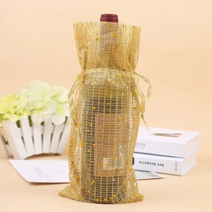 Elegant gold organza drawstring wine bottle gift bag with sparkling sequins for Christmas