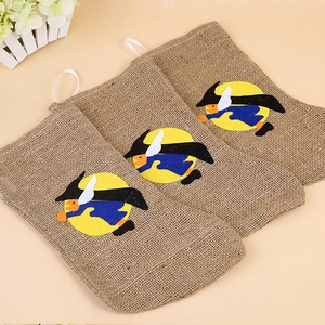 Three-piece burlap Halloween drawstring gift bags with black witch and yellow moon print