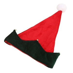 Chapeau de Noël lutin en velours rouge et vert avec clochettes dorées et pompon blanc