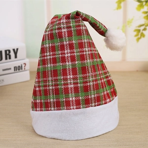 Classic red and green plaid denim Christmas hat with soft white faux fur trim and pompom