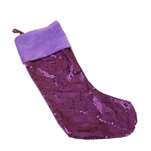 Sparkly purple sequin Christmas stocking with velvet cuff for holiday decorations