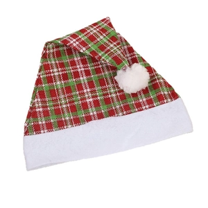 Festive red and green plaid Christmas hat with plush white trim and top pompom
