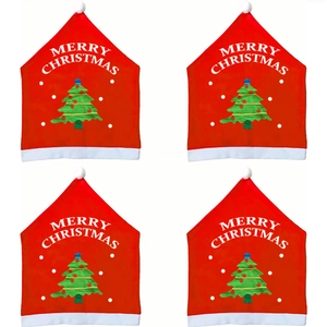 Set of 4 red Christmas chair covers with Merry Christmas text and tree design
