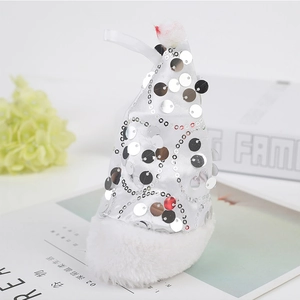 Mini white sequined Christmas hat with faux fur trim and pompom for holiday decor