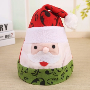 Classic plush Christmas Santa hat featuring festive red and green patterns for holiday parties