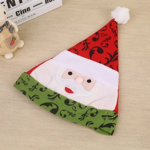 Classic red Christmas hat with green trim, Santa Claus pattern, and white plush pompom