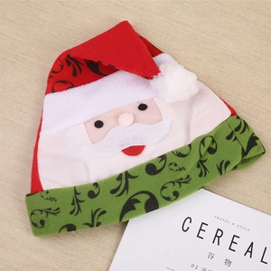 Red and green felt Christmas hat with Santa applique and white plush trim for adults