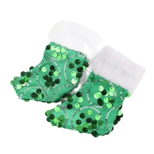 Green sequined Christmas stockings with plush white faux fur trim and silver embroidery