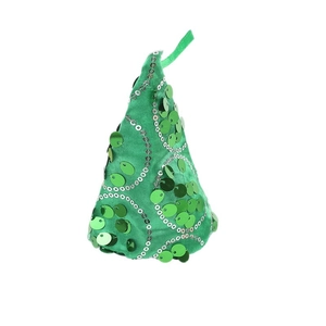 Green sequined Christmas hat with silver bead wave patterns and a satin ribbon handle