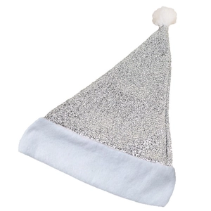Sparkly silver sequin Christmas hat with white plush trim and pom pom for holiday parties
