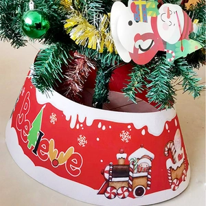 Festive red Christmas tree collar with Believe text and train patterns for holiday decor