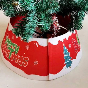 Classic red and white Merry Christmas tree skirt with snowflake and tree patterns