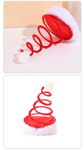 Detail view of the red spring Santa hat featuring plush white trim and a spiral design