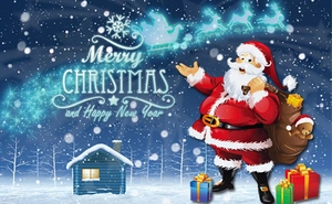 Christmas Santa sack with gifts and teddy bear in a festive starry snowy night background