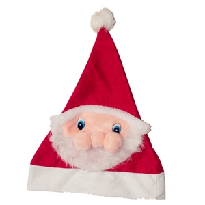 Close-up of plush Santa Claus hat featuring 3D padded face with a large pink nose