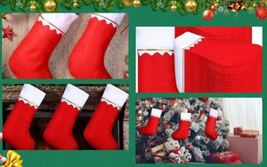 Detailed views of red Christmas stockings with gold embroidery and white plush cuffs
