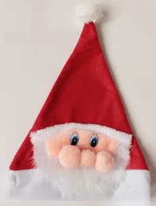 Detail of red Santa hat with 3D plush nose white beard and fluffy pompom ornament