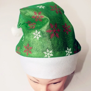 Detailaufnahme der grünen Weihnachtsmütze mit Schneeflocken-Stickerei und weißem Pelzbesatz