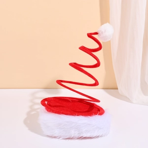 Creative Christmas spiral spring hat with red plush fabric and white festive pompom