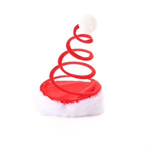 Creative spiral spring Christmas hat with white pompom and plush trim on white background