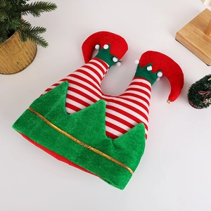 Chapeau de Noël en forme de jambes d'elfe rayées rouge et vert avec pompons et ruban