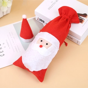 Handmade Santa Claus wine bottle gift bag set with mini hat for Christmas table decor
