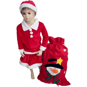 Kids velvet Christmas costume set with dress, hat, and snowman gift bag on white backdrop