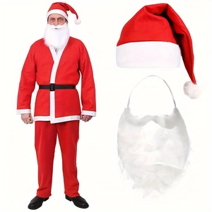 Christmas Santa Claus Costume Including Top Pants Belt Hat And Beard Non-woven Fabric Holiday Party Role Play Classic Red Outfit For Adults Kids