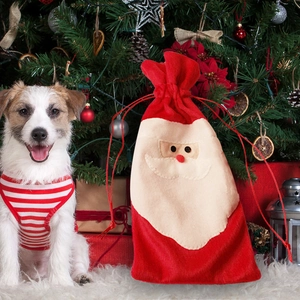 Detailed view of red velvet Santa Claus drawstring wine gift bag in festive holiday setting