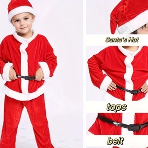 Kids Santa Claus costume set with velvet hat, top, pants and leather belt for Christmas party