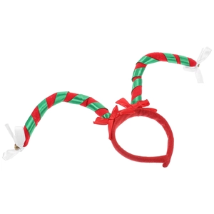 Detail of red velvet Christmas headband with green ribbon candy canes and gold bells