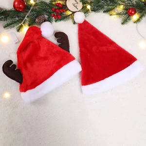 Classic red Christmas hat set with brown reindeer antlers and white plush trim for adults