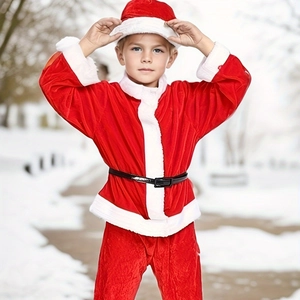 Vibrant red kids Santa Claus costume set with plush hat and belt in snowy outdoor scene
