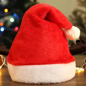 Plush red Christmas hat with reindeer antlers and soft white faux fur trim for holiday gifts