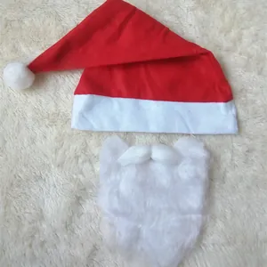 Close-up of a red felt Santa hat with white fur trim and a fluffy white beard accessory