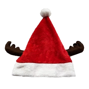 Classic red plush Christmas hat with brown reindeer antlers and white pom-pom detail