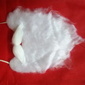 Detailed view of the white Santa Claus beard set with elastic straps on red background