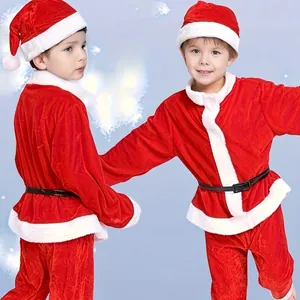 Festive kids Santa Claus costume set with red velvet top pants and matching hat