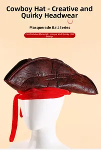 Close-up of distressed brown pirate hat with red ribbon for Halloween cosplay party