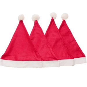 Classic red and white plush Christmas hats set for festive holiday party decorations