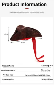Brown suede pirate hat with red ribbon and dimensions showing 36cm length and 16cm height