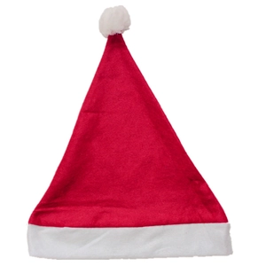 Detailed view of the classic red velvet Christmas hat with white plush trim and pompom