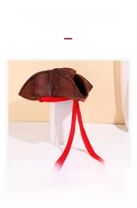 Detailed view of the premium brown faux suede material and red ribbon on the pirate hat